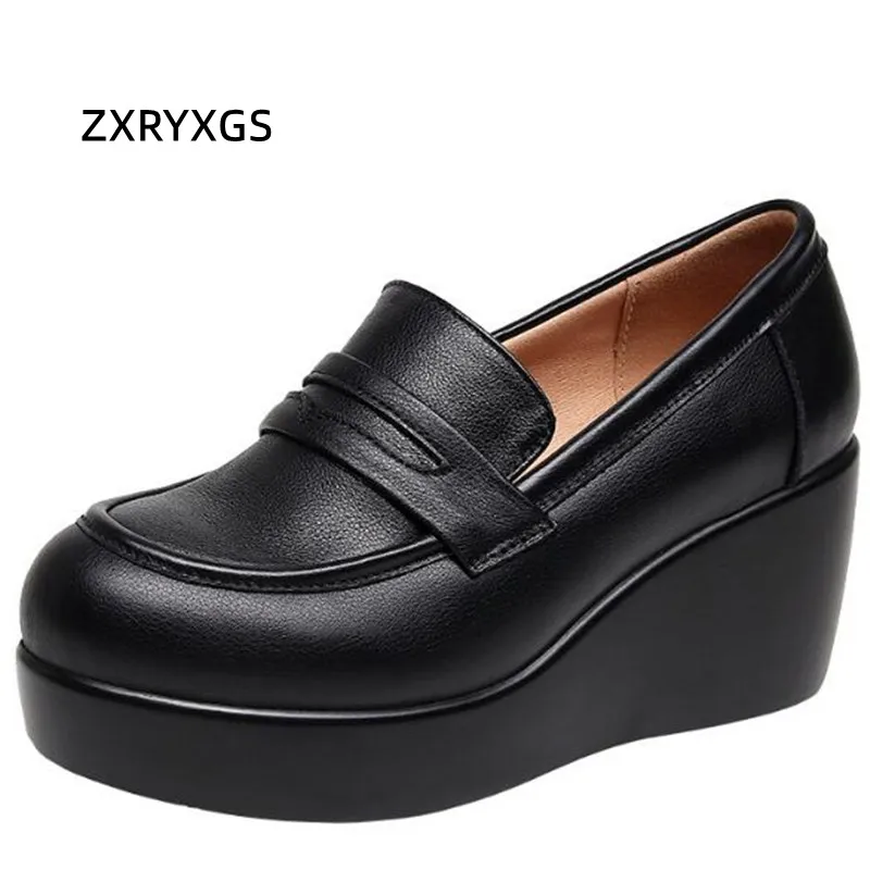 ZXRYXGS 2024 New Autumn Genuine Leather Shoes Woman Thick Sole Increase Shoes Retro Casual Shoes Wedges High Heels Women Shoes