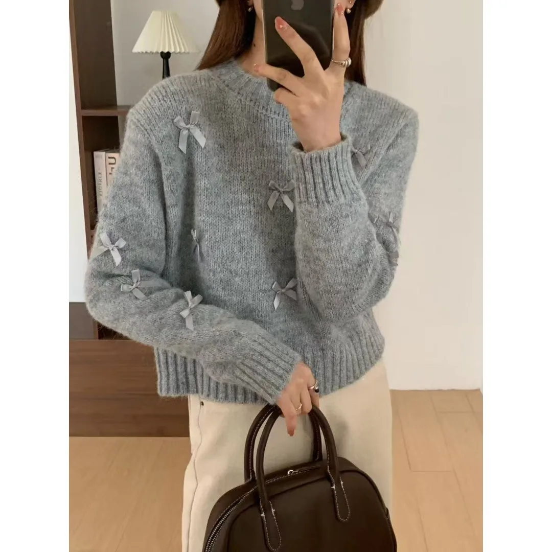 

Chic Korean Sle Women's Knitted Sweater Soft Ele Glitter Knot Long Sve Thiened Winter Top