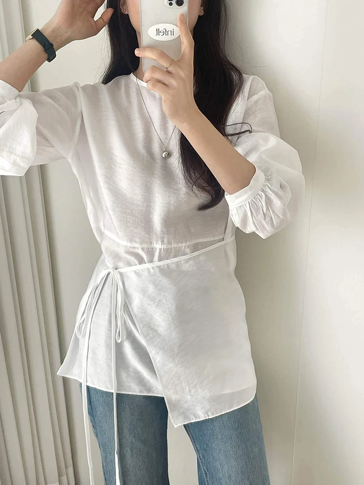 

Women's Belted irt Layering Design Spring New Sle Korean Version Loose Fit Long Sve round Ne Top Waist-Cinching