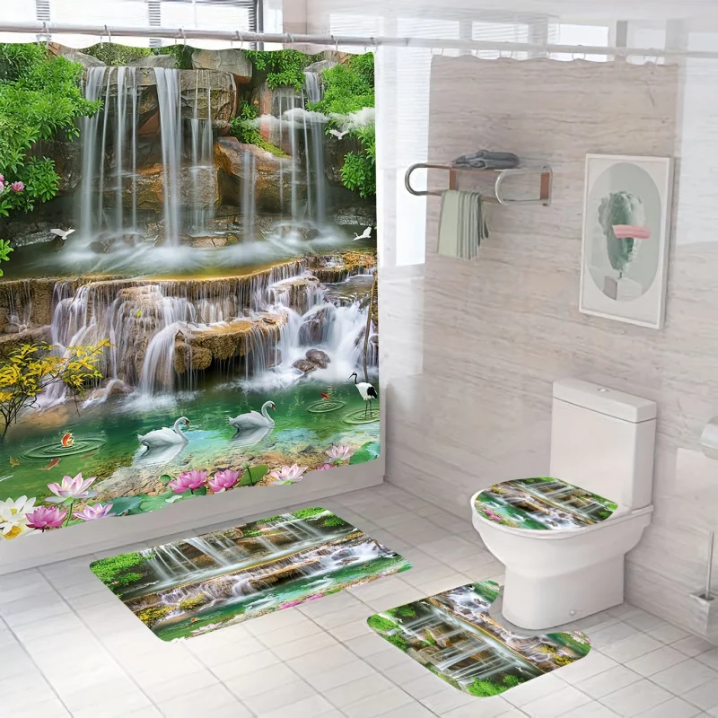 4PCS Forest Waterfall Shower Curtain Set: 182.88cm x 182.88cm Polyester Fabric, Machine Washable, Soft, Artistic Design, 12 Hook