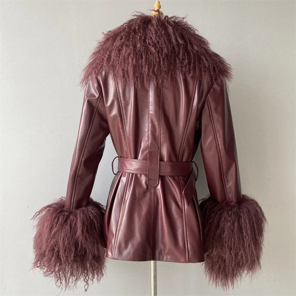 Jxwatcher Genuine Leather Jacket for Women Real Mongolian Fur Collar Cuffs Ladies Real Sheepskin Coat with Belt Spring Outerwear