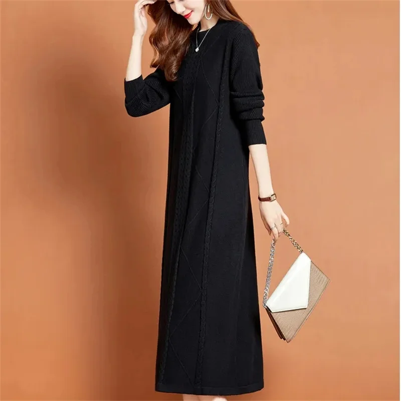 NEW Autumn Winter Large Size Covering Belly Dress Middle Aged Elderly Mother Retro Long Knitted Sweater Dresses Vestidos Mujer