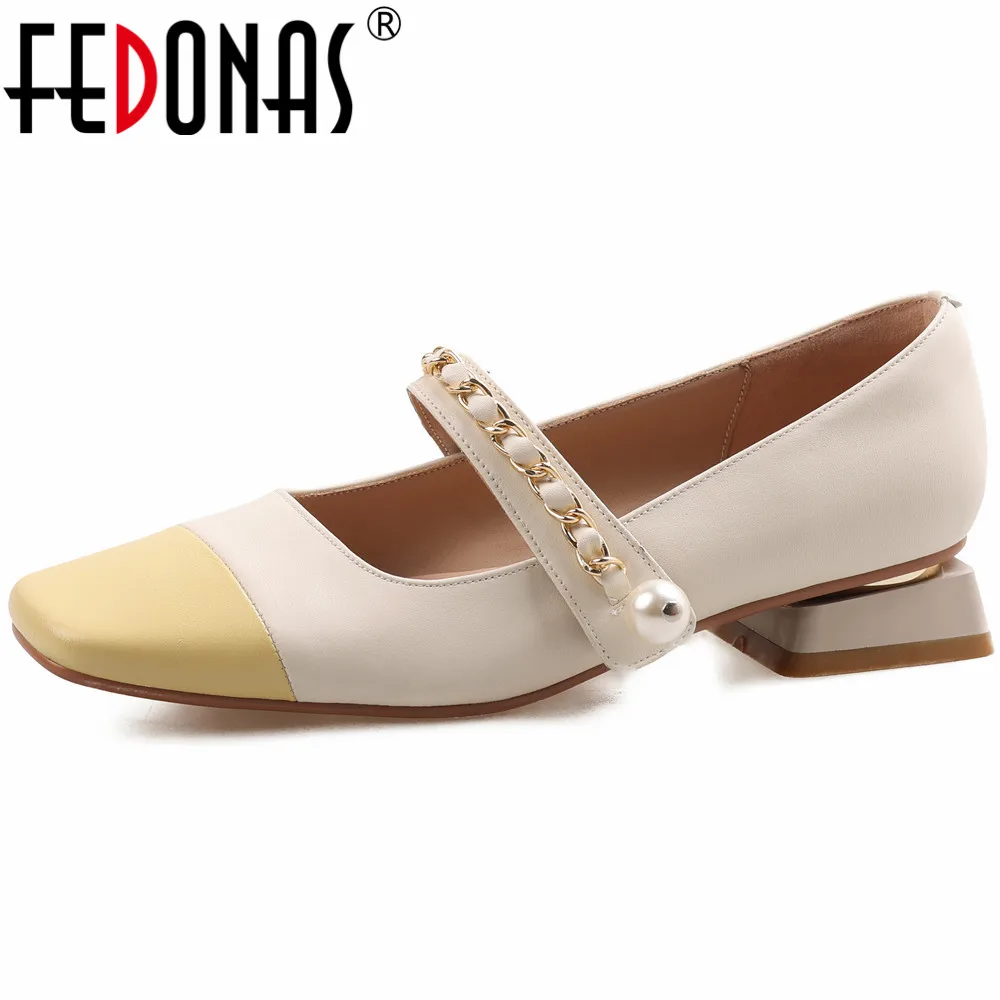 Fedonas Low Heels Frauen Pumps Modeketten Echt leder Frühling Sommer Square Toe Büro Dame arbeiten grundlegende Schuhe Frau 2024