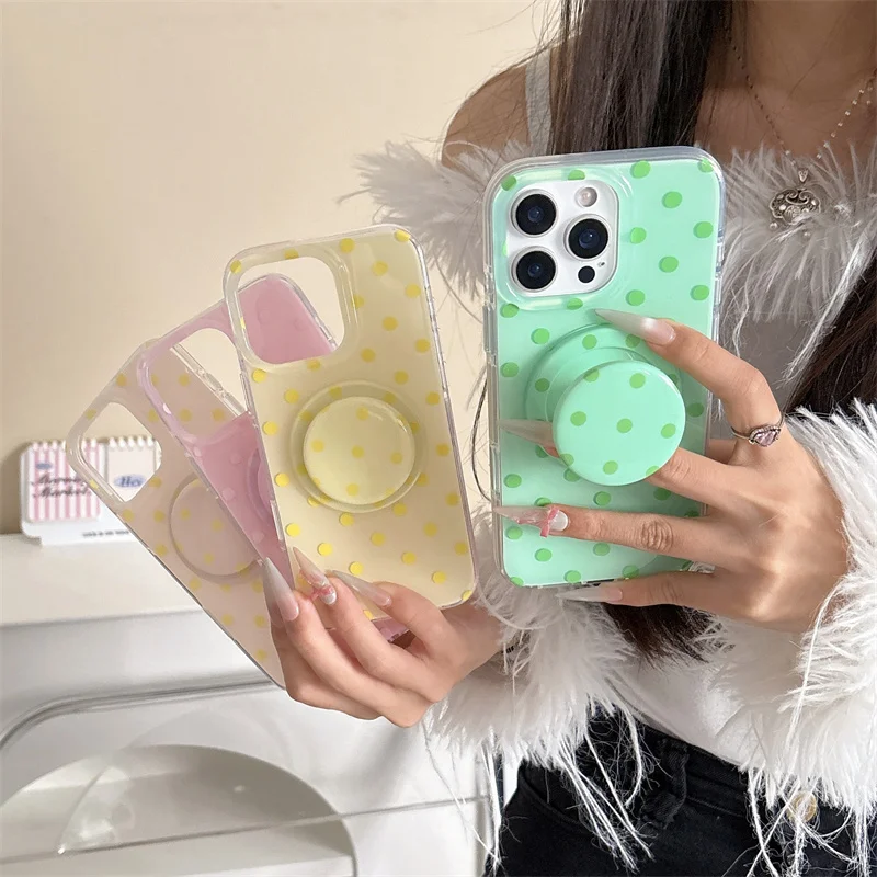 Simple Polka Dot Magnetic Phone Case For iPhone 16 Pro 15 14 Pro Max Cover with Magsafe Stand Shockproof Cute Cases 15 ProMax