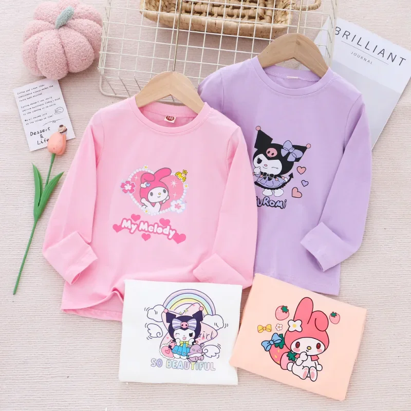 Kuromi Children Clothes Sanrio Kawaii Anime My Melody Top Girl Heart Autumn Long-Sleeved T-Shirt Cartoon Cute Base Top Kid Gift