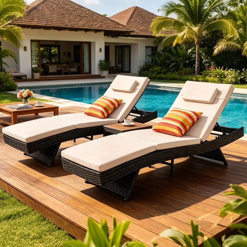 

Wicker Chaise Lounge Set o 2, Rattan Patio Lounge Chairs or Outside, Adjustable Chaise Loungers with Cushions & Pillows or Deck,