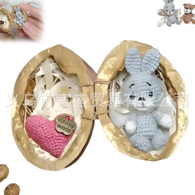 Walnut Shell Resin Figurine with Hidden Rabbit and Bear- Handmade Resin Art for Garden Decor
