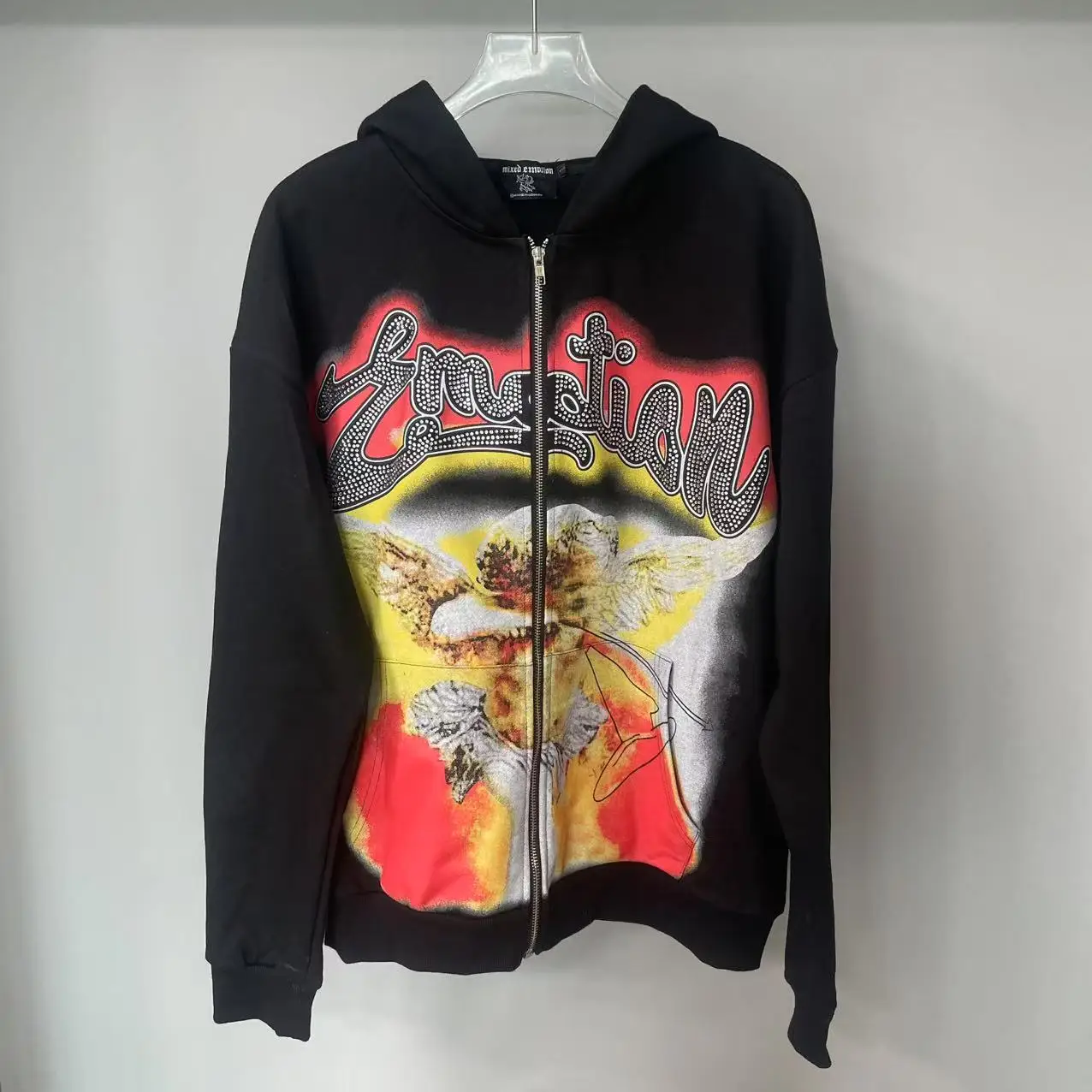 

Mixed Emotion High Quality Rhinestone Vintage Washed Angel Printed Zipper black Hooded Hoodies Men Cardigan Baggy Sweatshirts