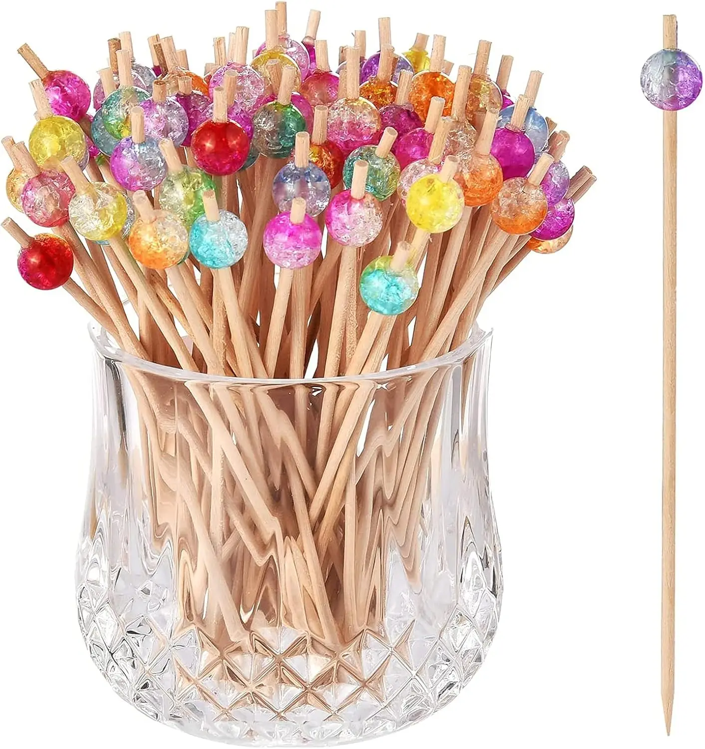 

100-Pack Cocktail Picks, Colorful Pearl Fancy Toothpicks for Appetizers, Wooden Food Picks Skewers for Food, Drinks, Fruits Part