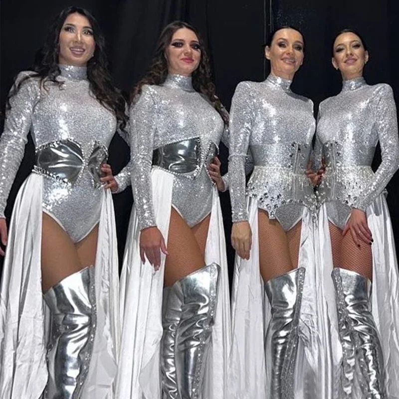 Bar Nachtclub ds Leistung Rave Outfits sexy Gogo Tanz kostüme Silber Pailletten Bodysuit Laser Beine Abdeckung Drag Queen Kostüm