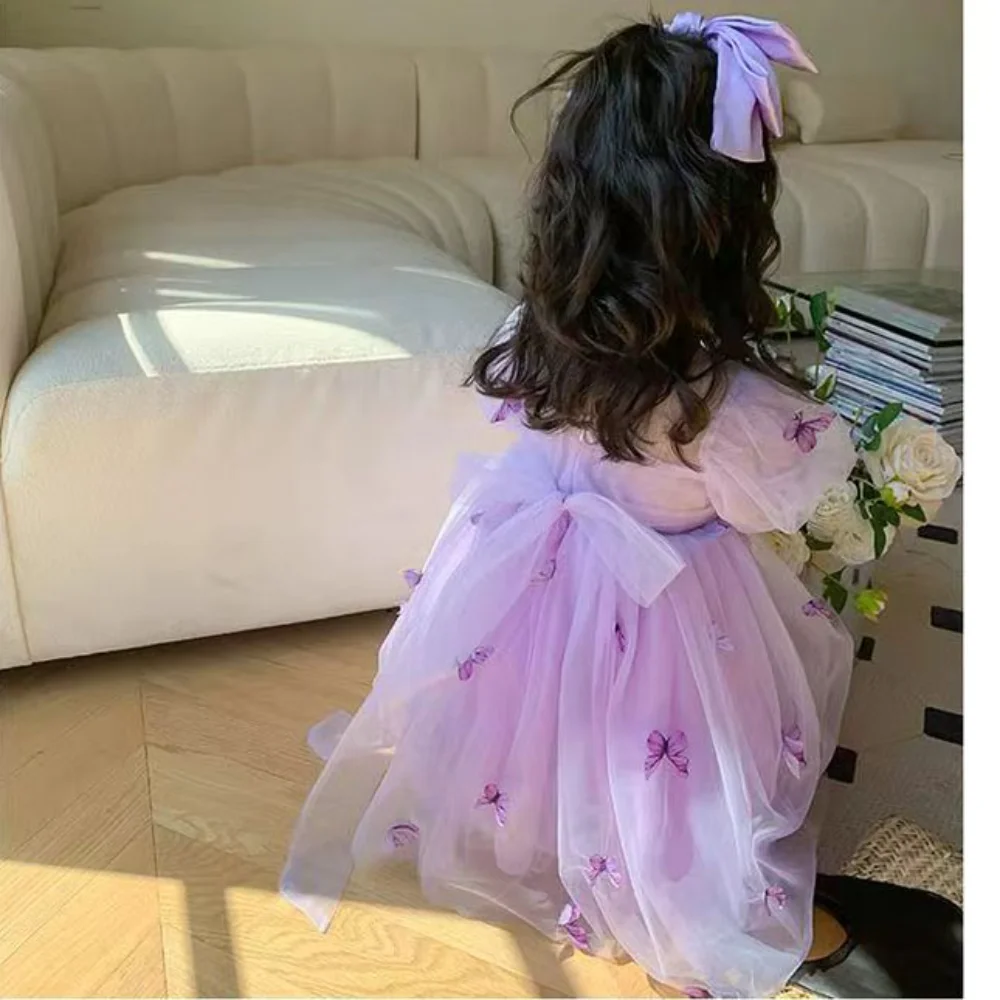 2023 Easter Children Girl Summer Clothes Sleeveless Butterflies Applique Green Purple Kids Dresses for Girls for 4 To 5 Years