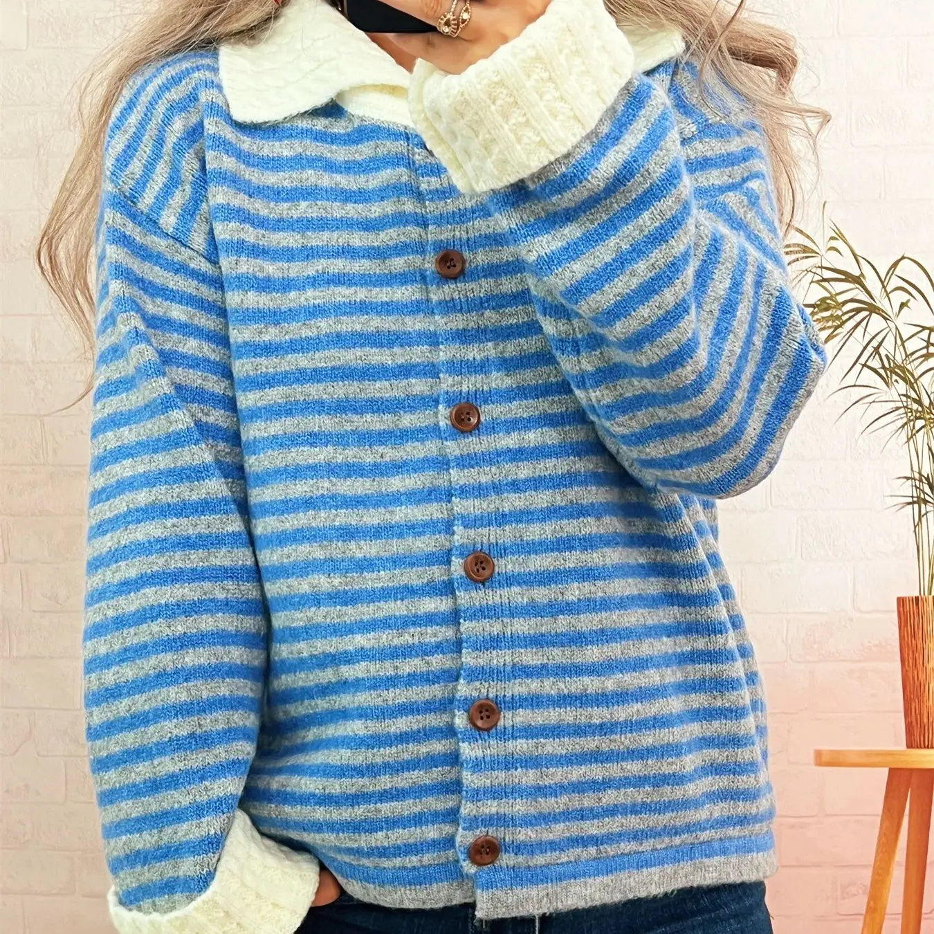 

Womens Collared Color Block Knit Cardigan Retro Striped Pattern Casual Lounge Jacket Spring Autum Blue Sweater Coat Warm Clothes