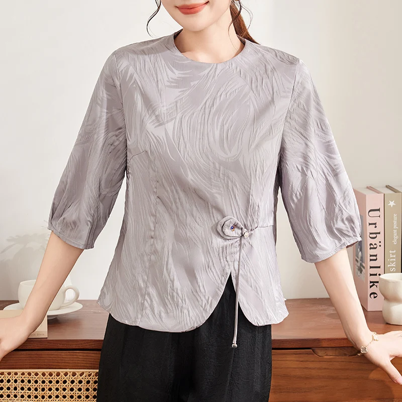 

Модный летний комплект из тонкой ткани с коротким рукавом для мам и женщин среднего возраста, новинка 2025 года, из полиэфирного волокна, свободный крой, круглый вырез