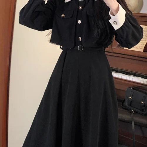 플러스 사이즈 하이 엔드 느낌 긴 소매 투피스 환상 드레스 가을/겨울 허리 장착 슬리밍 롱 드레스 프랑스 스타일 