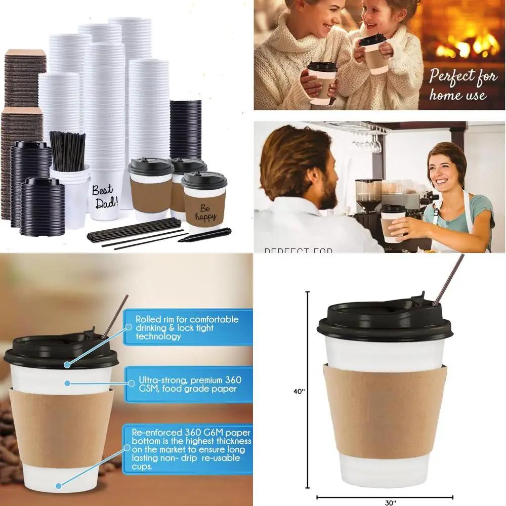 

130 упаковок одноразовых бумажных кофейных чашек на 12 унций с крышками, рукавами, мешалками и маркером для дома, офиса, вечеринок, путешествий