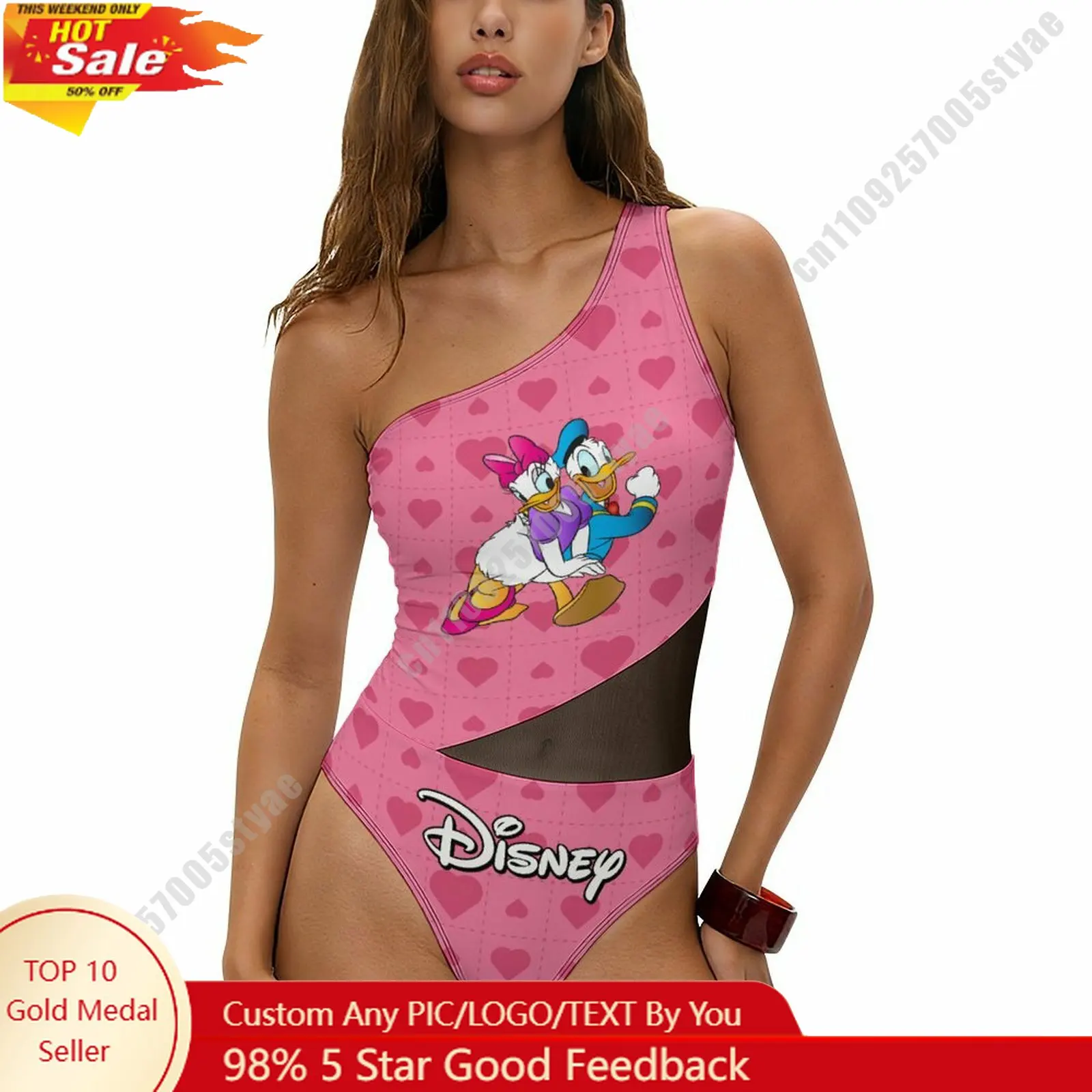 

Donald Daisy Duck Swimwear Disney Cartoon Women Mesh One Piece Swimsuit Summer Beachwear Tummy Control One Shoulder Swimsuit
