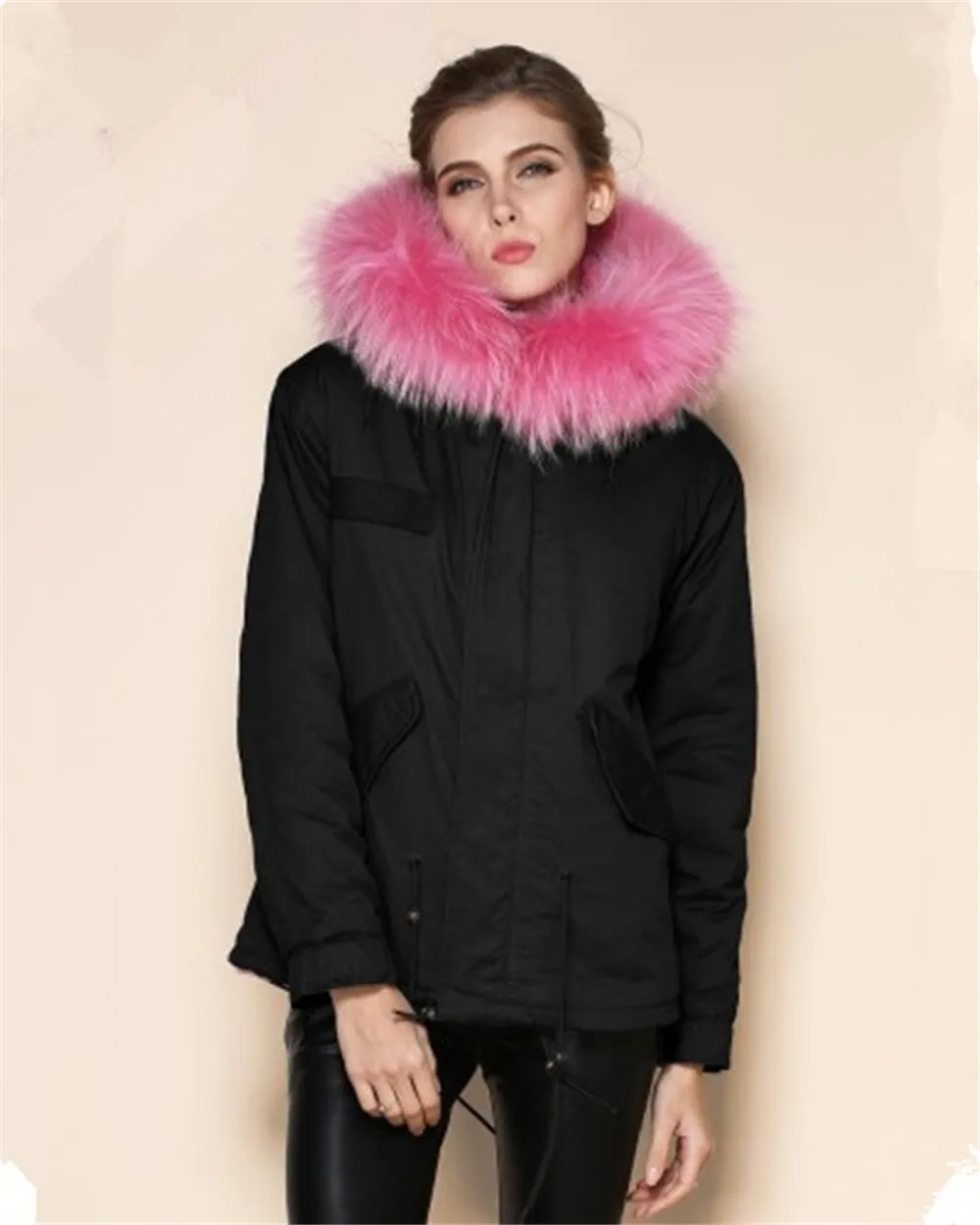 

Modern Short Style Fur Parka For Women Pink Faux Fur Lined And Raccoon Fur Collar Winter Overcoat For Ladies