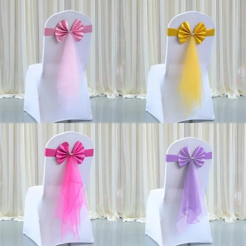 (BF06)Chair Back Decoration Elegant Stretch Chair Bow Organza Ribbon Chair Decor For Birthday Hotel Wedding Accessories