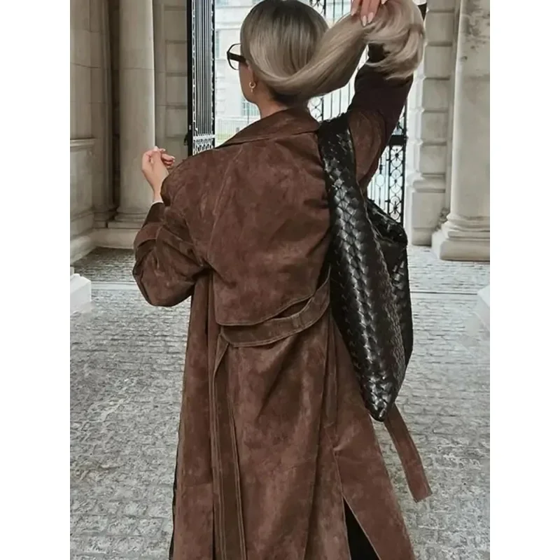 Elegant Brown Belted Waist Long Coat Double Breasted High Street Autumn Fashion Full Sleeve Outwear Female Retro Jacket
