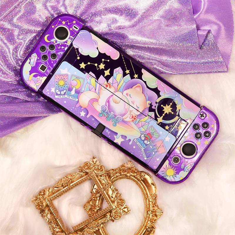 Purple Kawaii Tarot Cat Protective Shell For Nintendo Switch Oled Joy-Con Controller Switch Oled Shell Hard PC Cover Accessories