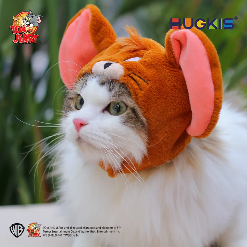 /@ 14cm Genuine Tom and Jerry Pet Toy Plush Headwear, Cute Cartoon Cat Cosplay Hat, Funny Pet Costume Headgear for Cats