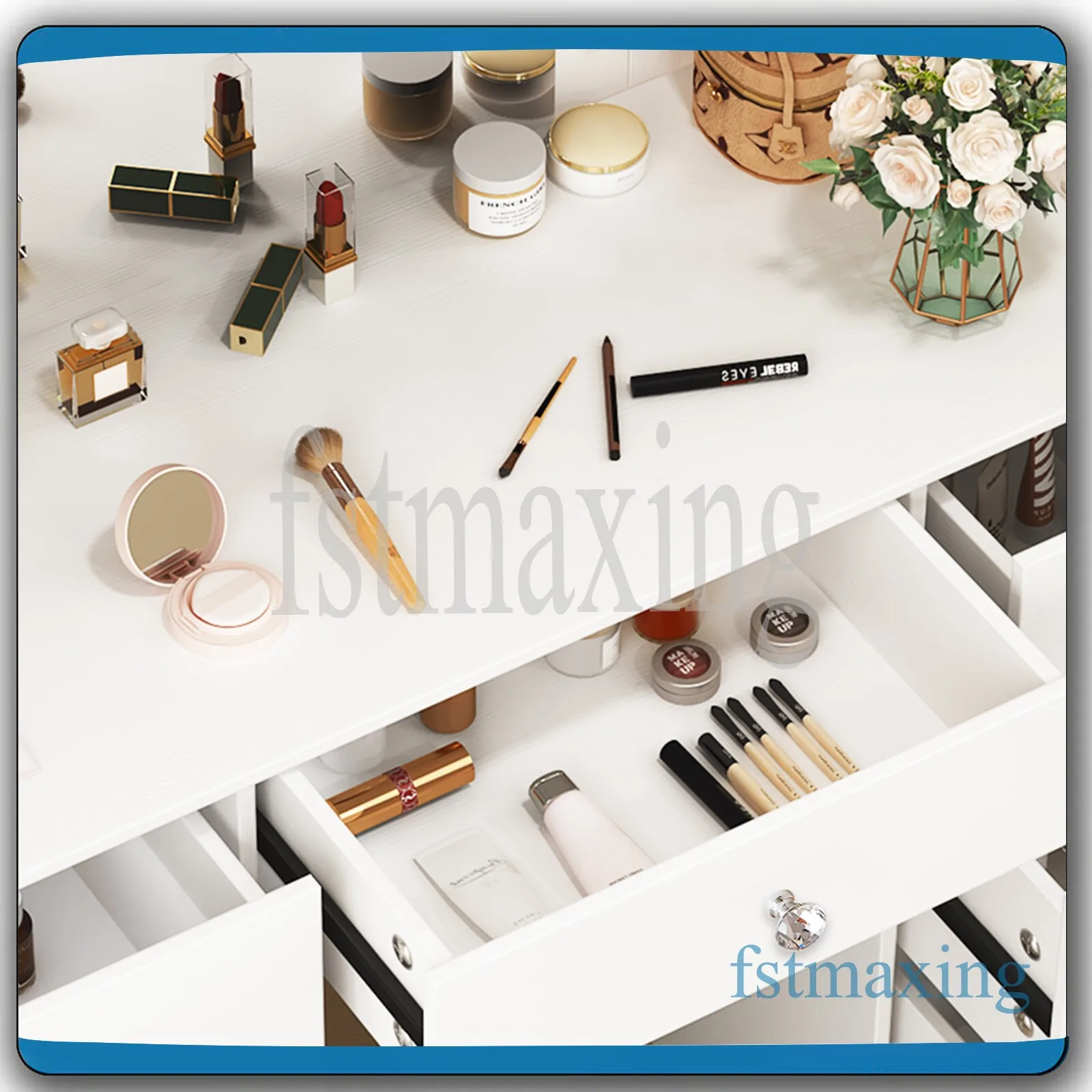 طقم مكتب فانيتي مع مرآة بمصابيح LED و7 أدراج لطاولة تزيين المكياج