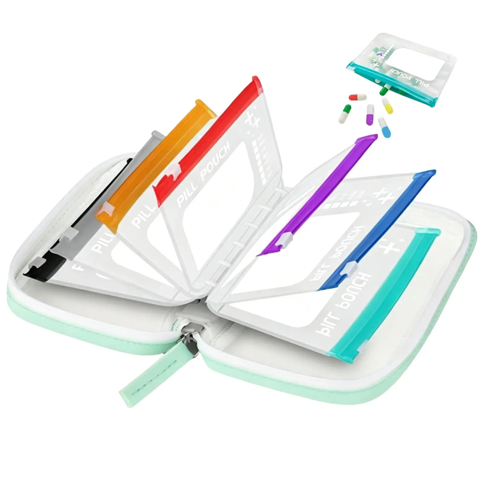 

BPA-Free Weekly Pill Organizer Color-Coded Reusable Travel Medicine Storage System with 14Pcs Waterproof Pill Pouches