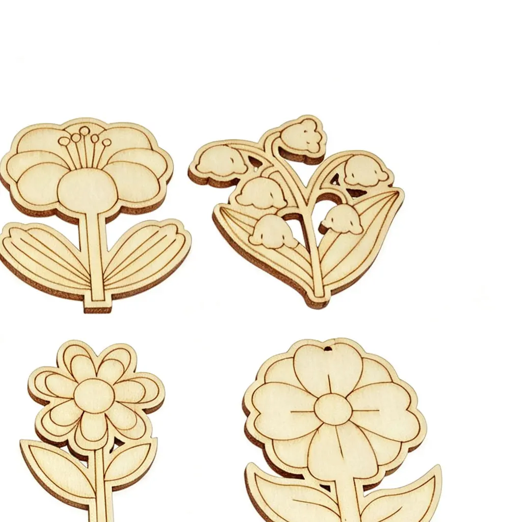 40MM 50MM 70MM Wood Flowers Cutouts Spring Summer Daisy Tulip Sunflower Narcissus Rose Blank Slices Wood DIY Crafts