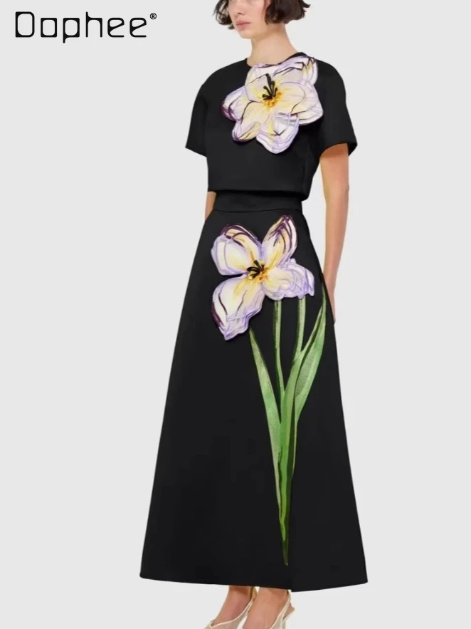 

Temperament A-line Skirt Sets Fashion Elegant Three-dimensional Flower Short-sleeved Top High-waist Slim Skirt Two-piece Set