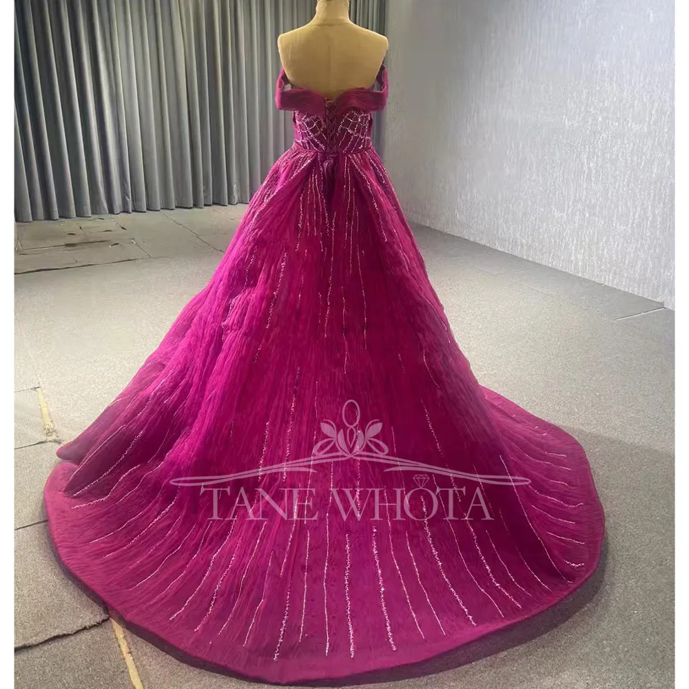 Rose-Red Off The Shoulder Beaded Evening Dress With Sweetheart Lace Up Back And Detachable Train For Luxury Prom Occasions