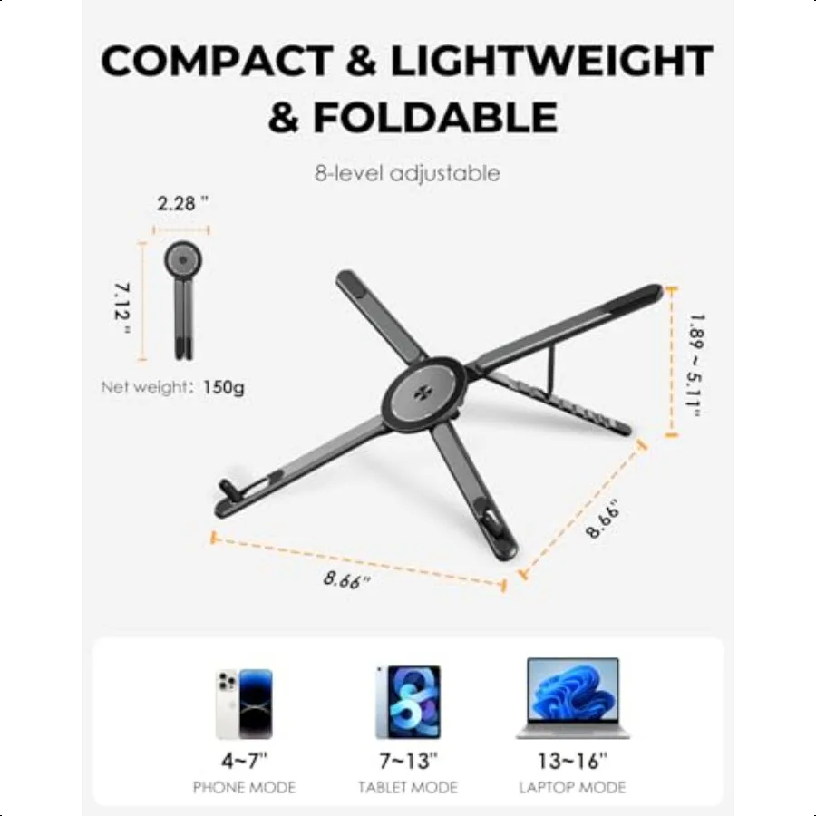حامل كمبيوتر محمول بارتفاع 8 مستويات قابل للتعديل حامل سبائك الألومنيوم المحمول لأجهزة الكمبيوتر المحمولة مقاس 1016 بوصة وأجهزة الهواتف اللوحية مقاس 413 بوصة مع Mag #3