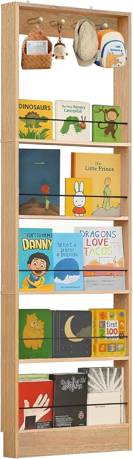 

Behind The Door Bookshelf Kids,Wooden Behind Door Bookshelf, 5-Tier Bookcase Book Shelf Space-Saving Organizer Storage f