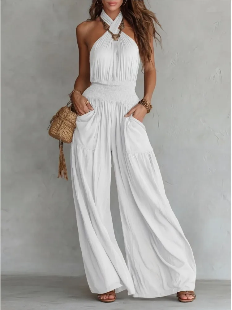 Women Bohemian Backless Sleeveless Wide Leg Jumpsuit High Waist Pleated Pockets Wide Leg Pants Holiday Casual Streetwear Rompers
