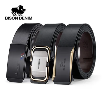 Cinturones de mezclilla BISON para hombre, cinturón con hebilla automática de lujo, correa de negocios de cuero genuino de alta calidad, cinturón informal para pantalones vaqueros para hombre