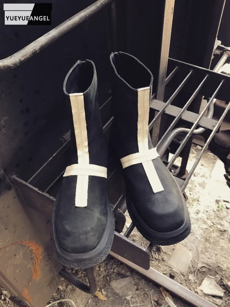 

Autumn Winter Men Comfortable Britain Style Cross Patchwork Fashion High Top Shoes Men Cowhide Genuine Leather Round Toe Zipper