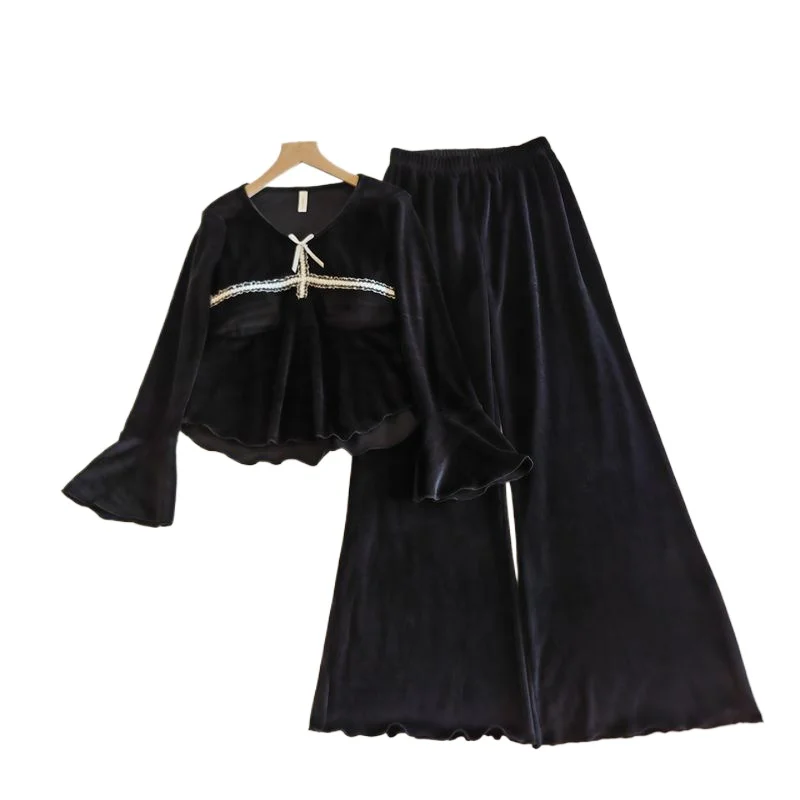 Winter New Pajamas Women's Daughter Gold Lace French Spring Autumn Island Velvet Butterfly with Chest Pad Loungewear Warm Suit