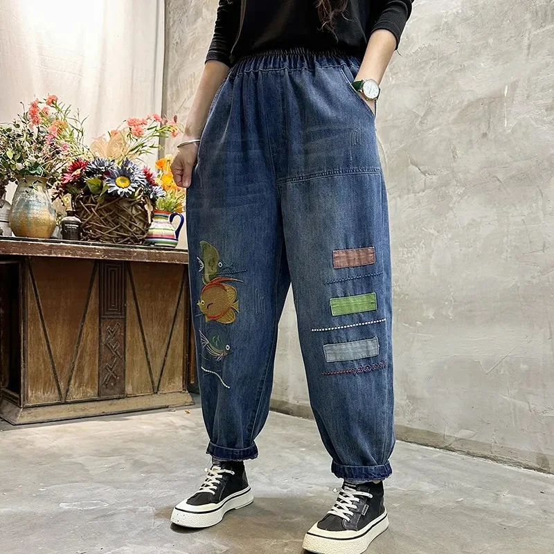 Jeans ricamati donna primavera e autunno 2023 nuovi pantaloni larghi papà Retro Patch dritto Slim Harem pantaloni marea