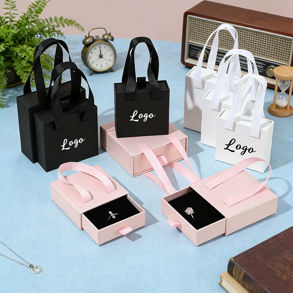 

24PC Custom Sliding Drawers Luxury Jewelry Paper Boxes for Ring Necklace Bracelet Jewellry Gift Box Packaging With Ribbon Handle