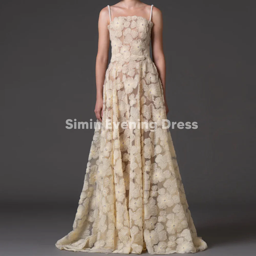 

Simin Women's Tulle 3D Flowers Applique Beaded A Line Sauid Evening Dress Spaghetti With Sleeveless Elegant Party Gown 2025