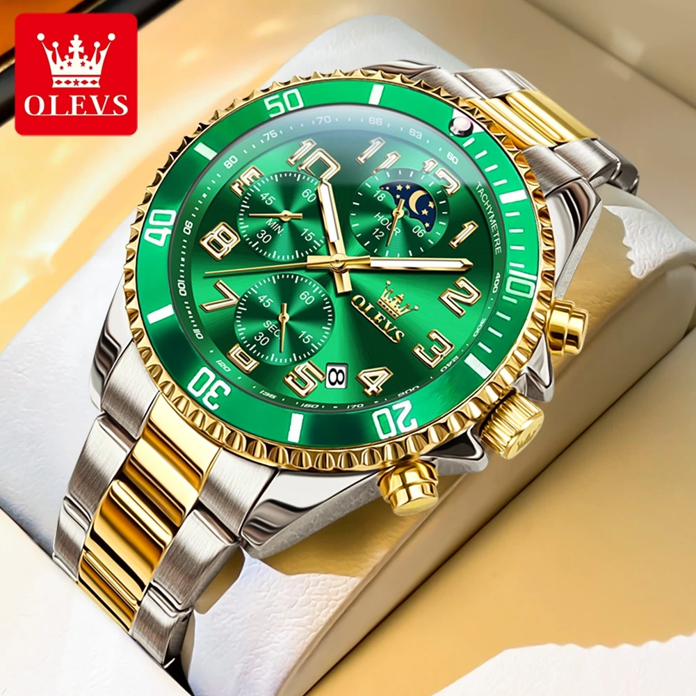 OLEVS Watch 2926 Original Gold Mens Watch Multifunctional Chronograph Quartz Watch Waterproof Moon Phase Watches Box Gifts