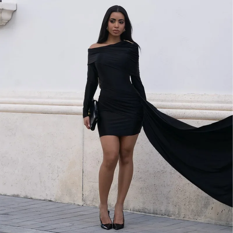 GUWU femmes Sexy couleur unie épaules dénudées ruban moulante Mini robe à manches longues automne hiver pansement robes courtes