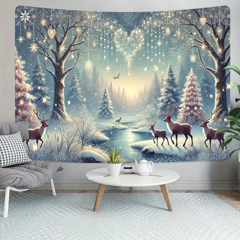 2D Flat, 1pc Extra Large Winter Scene Tapestry - Self-Lit Magical Reindeer Snowy Forest Wall Hanging with Twinkling Lights & Sta