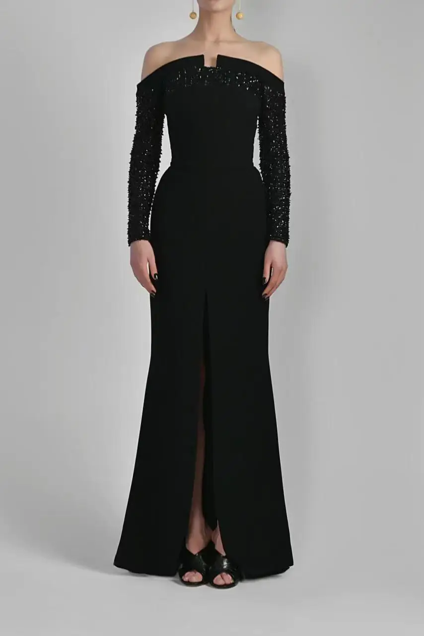 Luxurious Off The Shoulder Long Sleeves Black Sequins Beaed  فساتين السهرة vestidos de fiesta  فساتين سهره evening dresses