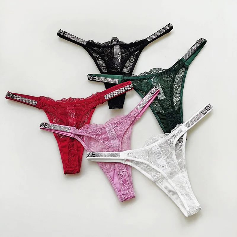 Lace Sexy Girls Women Panties Seamless Underwear Rhinestone G String Letter Transparent Thong For Female Low Rise Ladies Briefs