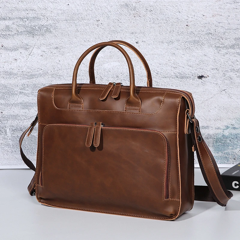 Men's Handbag Portable Laptop Briefcase Travel Shoulder Bag Computer Diagonal Bags Fashion Retro Casual Crazy Horse PU Leather