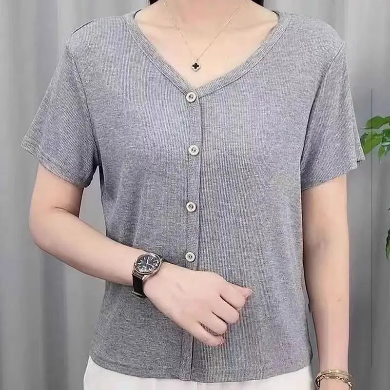 

Женские летние простые офисные женские однотонные рубашки с короткими рукавами и v-образным вырезом, женские модные тенденции, универсальные тонкие трендовые топы