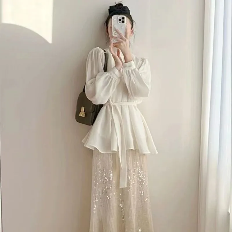 

Women Spring Summer Graceful Solid Shirts Shiny Sequins Mermaid Skirts Two Piece Set Lady Korean Fashion Blouse Skirt Outfits