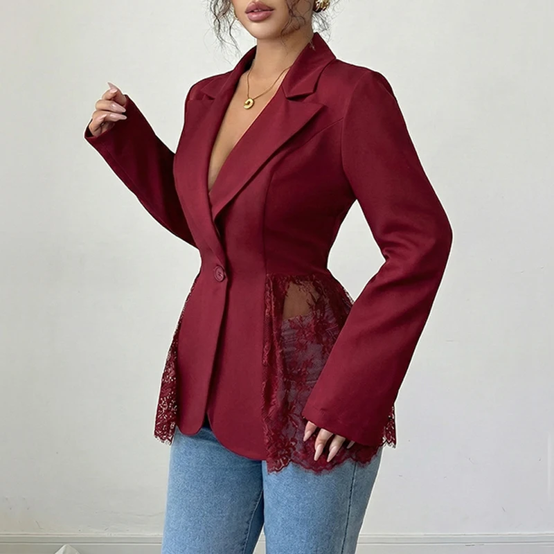 Blazer Elegante con Parches de Encaje para Mujer, Cuello de Solapa, Manga Larga, Un Botón, Estilo Transparente, Sexy y Versátil