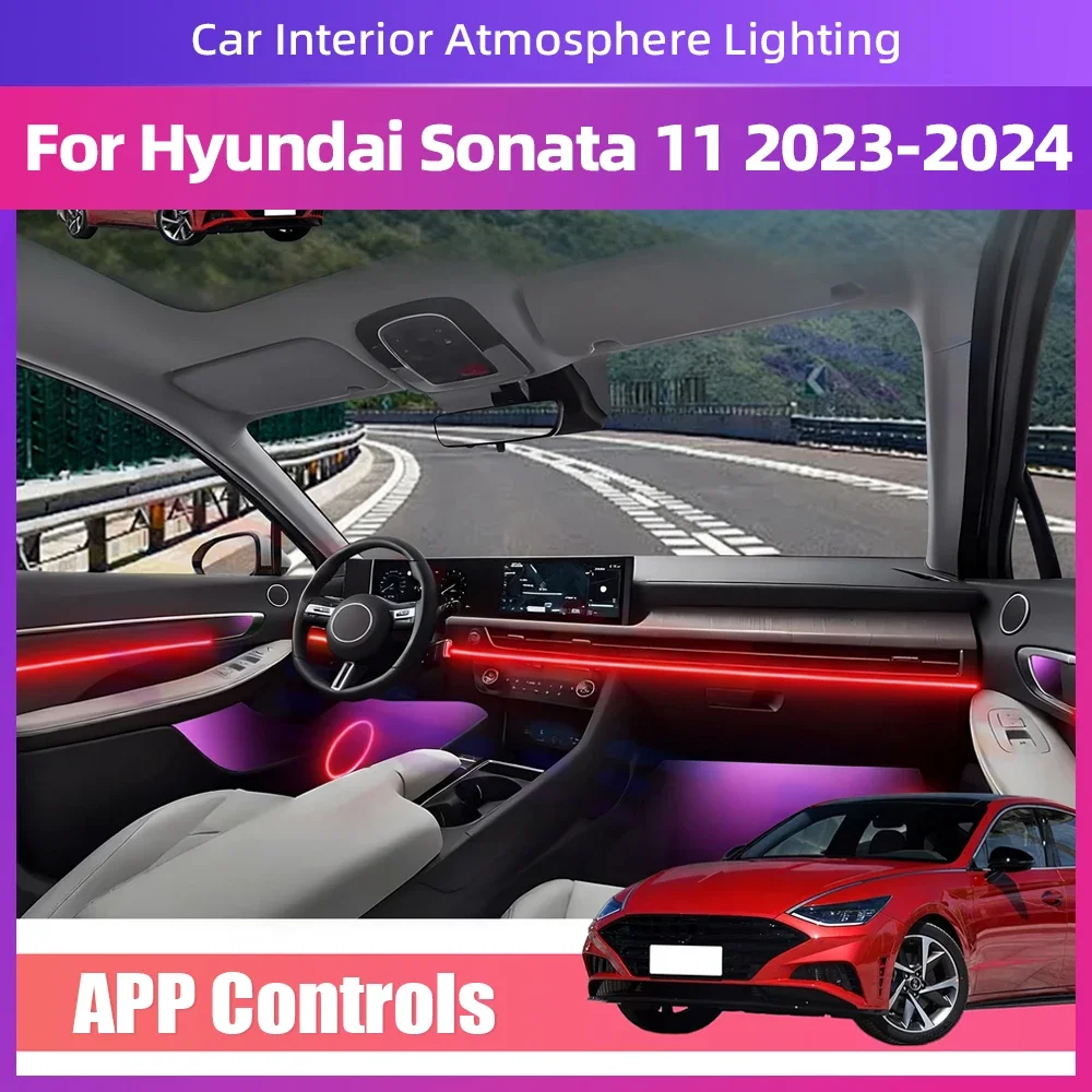For Hyundai Sonata 11 2023-2024 Decoration LED Ambient Light Lamp Acrylic Strip 64RGB Single Color Flow APP Enabled Features
