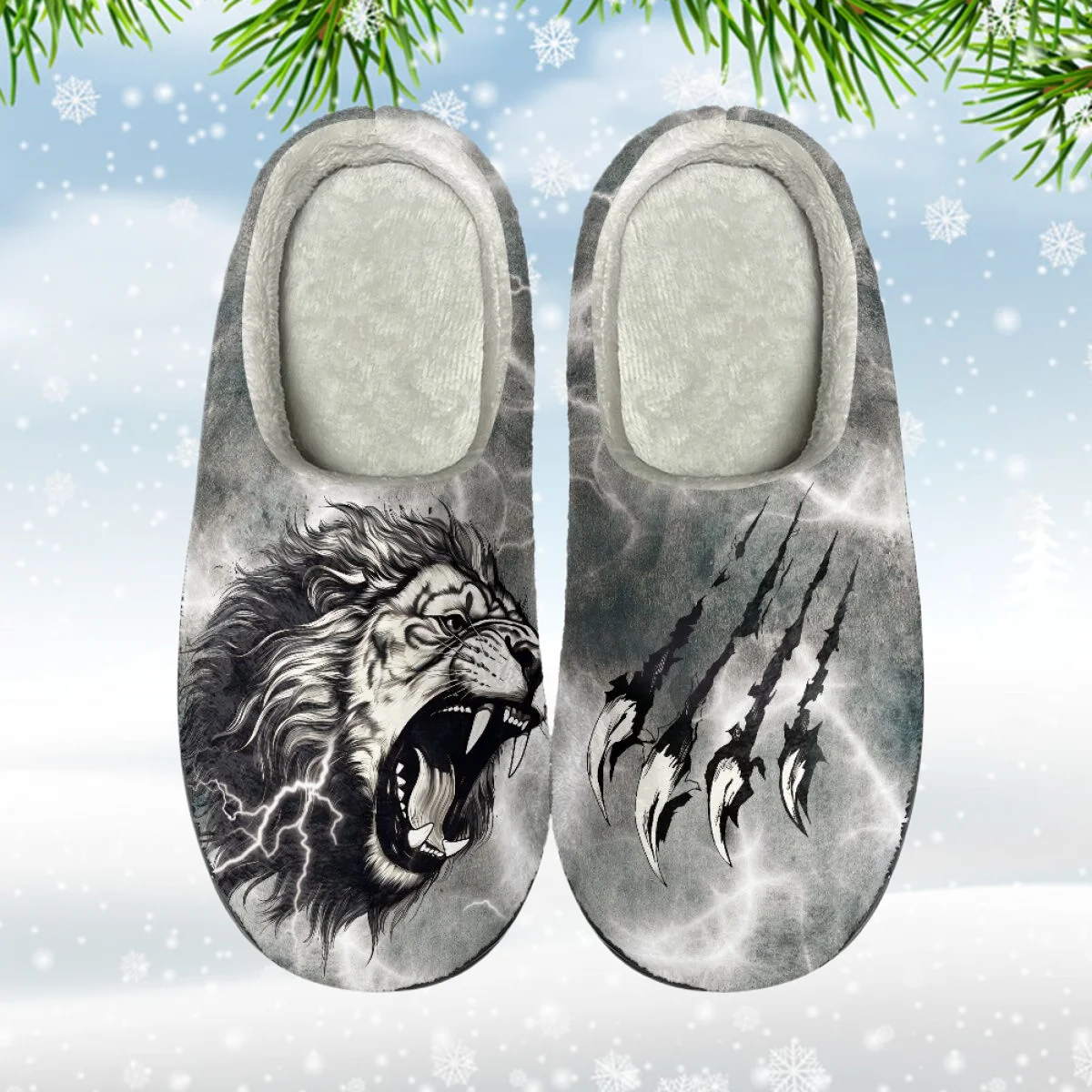 INSTANTARTS New Home Warm Slippers For Women Men Fierce Lion Grabbing Print Winter Warm Plush Slides Indoor Men's Cotton Shoes